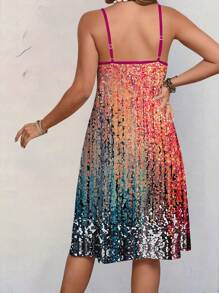 大码女式渐变闪光条纹印花吊带连衣裙、细肩带连衣裙、夏季女装、彩色长裙 - 彩色 - 查看 2