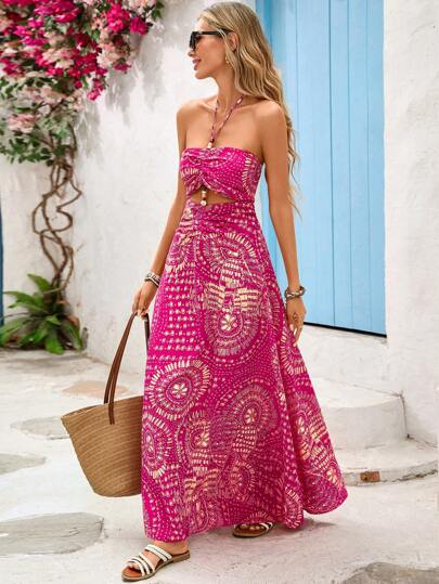 Vivid Eden Vestido de mujer con estampado bohemio, escote de atar, cintura con cordones, recorte y decoración con cuentas, ideal para vacaciones
