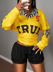 Slaydiva 2025新款夏季休闲街头运动风复古学院POLO领翻领半开襟落肩长款斑马领TRUE英文印花5号斑马星图案姜黄色印花女T恤 - 芥末黃 - 查看 7