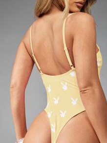 Missguided x Playboy MISSGUIDED Costume da bagno intero con stampa a coniglietti, stile brasiliano, costume da bagno estivo per spiaggia e piscina
