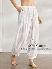 Ocili 女士休闲 100% 纯棉条纹宽松休闲睡裤家居服，秋季 - 白色 - 查看 1