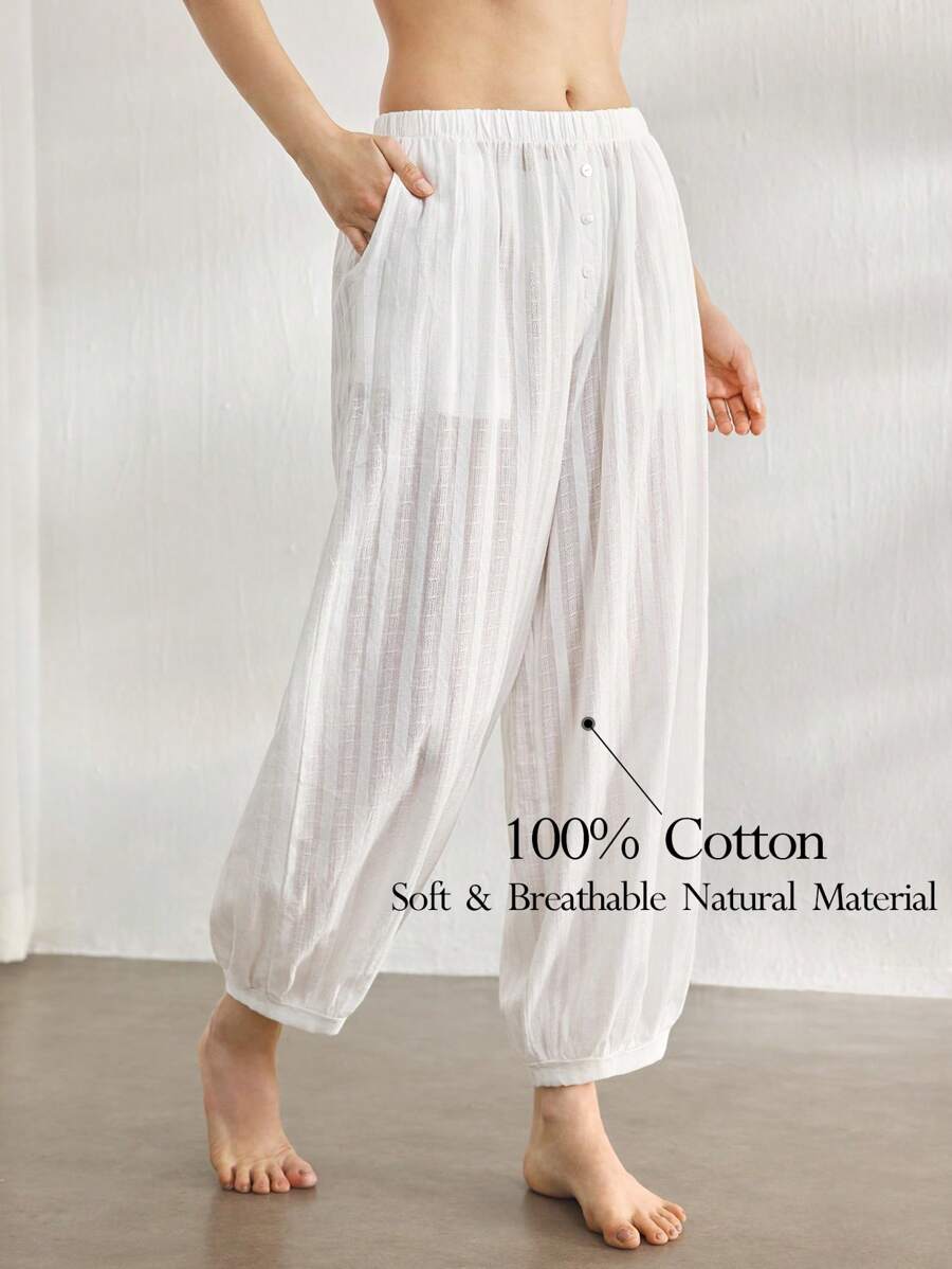 Ocili 女士休闲 100% 纯棉条纹宽松休闲睡裤家居服，秋季 - 白色 - 查看 1
