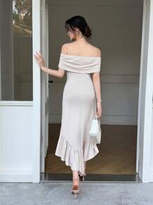 SHEIN LUNE Vestido de mujer con diseño único, off-shoulder, con volantes y fruncidos - Albaricoque - Ver 2