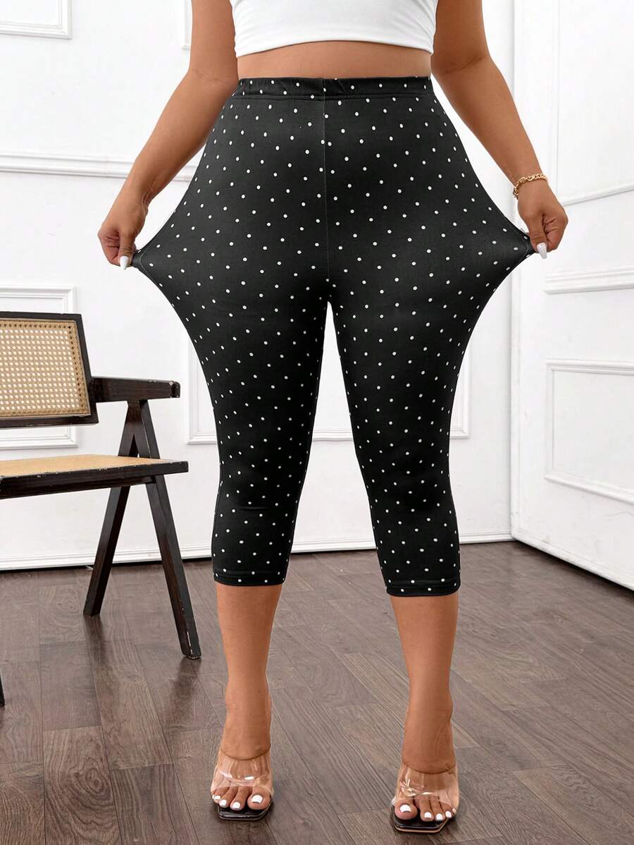 Calvaya Plus Size Women Casual Polka Dot Print Skinny Pants - Black and White - View 1