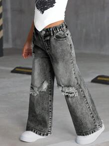 SHEIN 少女 2025 秋冬新款寬鬆 Y2K 破洞牛仔褲 復古深灰色黑色百搭街頭風時尚牛仔褲 附口袋 破洞直筒牛仔褲 休閒百搭水洗直筒牛仔褲 女孩破洞牛仔褲 女孩寬腿牛仔褲 寬鬆牛仔褲 少女牛仔褲 女孩水洗牛仔褲 校園大學風 - 淺灰色 - 查看 4