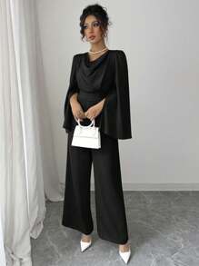 Elenzga Women's Elegant Plunge Neck Fitted Satin Black Jumpsuit Fall Cloth For Women - Black - View 8