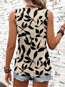 SHEIN LUNE Plus Size Leaf Print Round Neck Tank Top, Casual For Summer Suitable For Going Out
