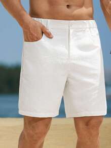 VENTUSAIL Men's Elastic Waist Pocket Casual Linen-Like White Shorts For Men, Holiday - White - View 3