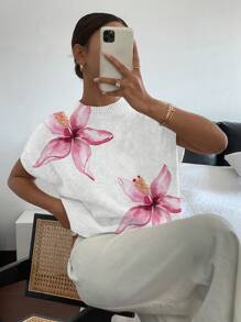 Siren Gaze 休闲简约优雅粉色碎花印花白色针织短袖上衣，适合夏季、初秋、度假风格