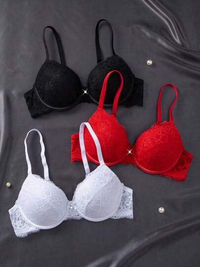3 Stücke Set Spitzen Lift romantischer minimalistischer Unterbügel-BHs mit verstellbaren Trägern für Frauen