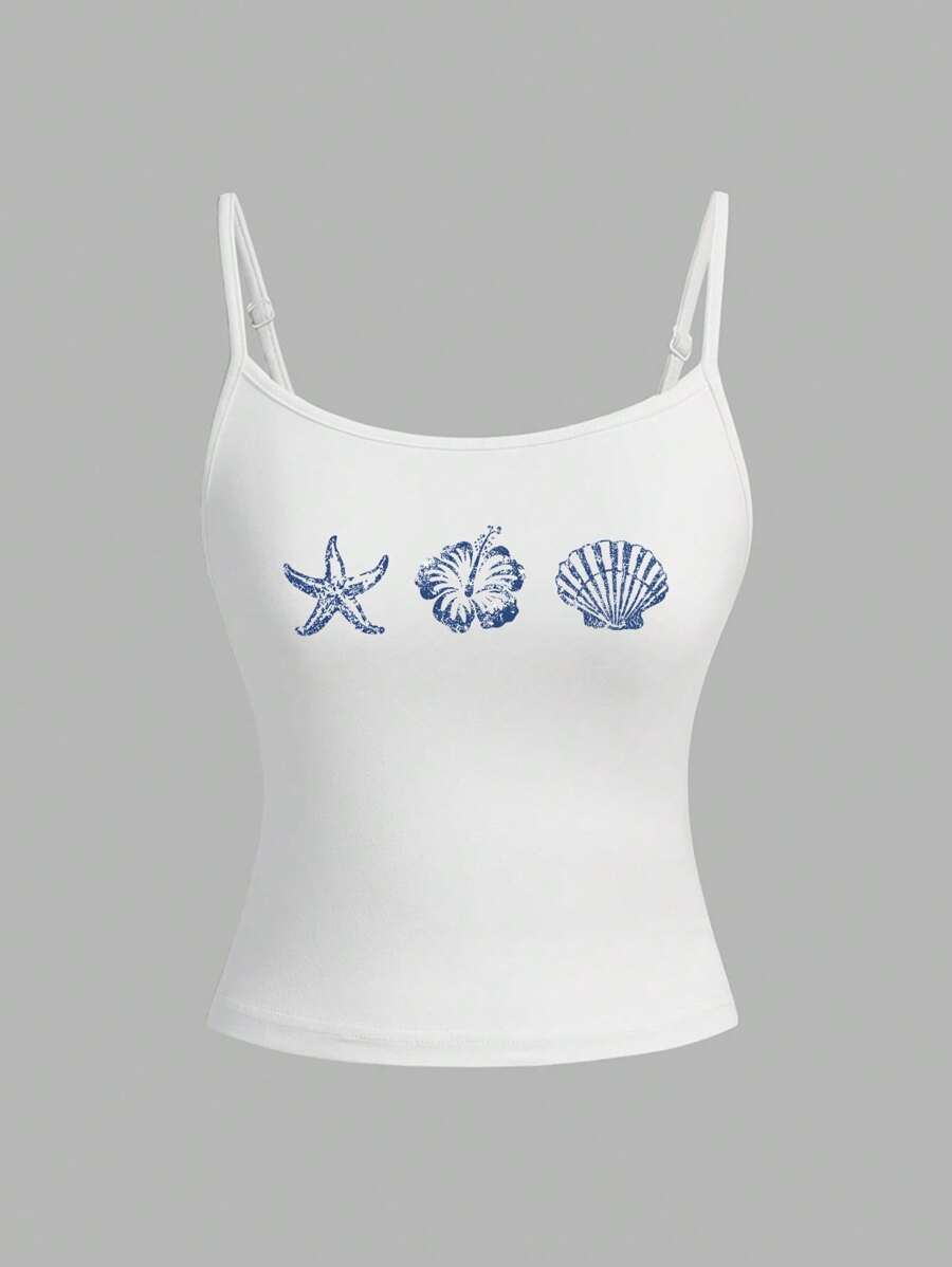 SHEIN PETITE Women Casual Sexy Camisole Tight Tank Tops Suitable For Summer, With Starfish, Hibiscus, And Seashell Prints Suitable For Going Out - White - View 1