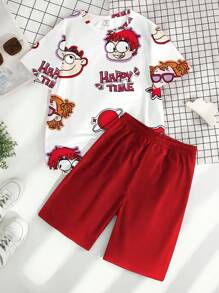 2 件套男童酷炫可爱卡通人物印花短袖 T 恤和短裤，休闲装 - 彩色 - 查看 3