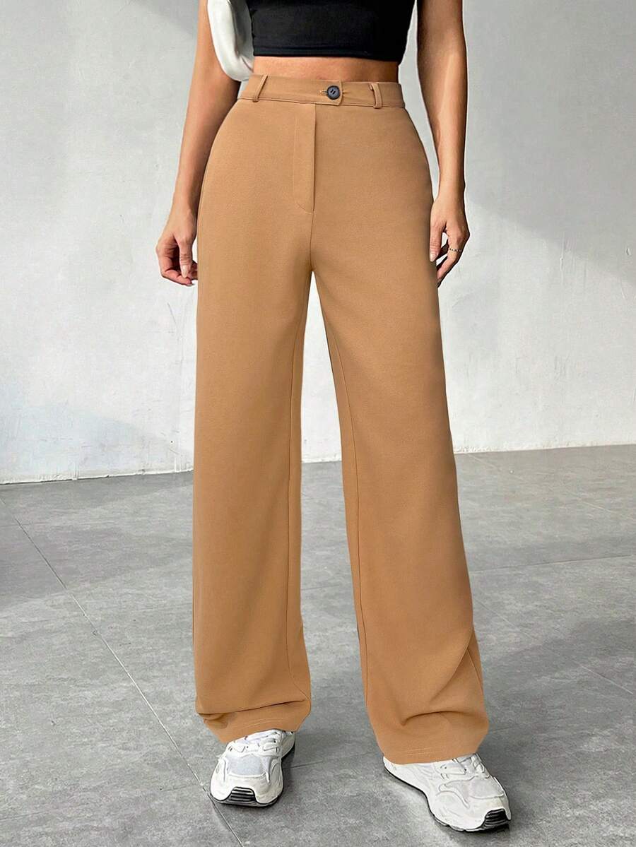 SHEIN EZwear 女式巧克力棕色拉链直筒裤 - 巧克力棕 - 查看 1