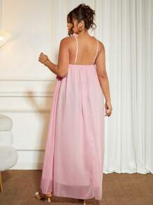 Cravure Plus Size Women's Solid Color 3D Floral Trim Adjustable Spaghetti Strap Flared Romantic Elegant Dress, Summer