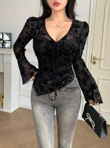 DAZY Ditsy Floral Asymmetric Hem Drawstring V-Neck Fitted Blouse With Bell Sleeves, Suitable For Spring & Summer Long Sleeve Women Tops,Fall Women Clothes