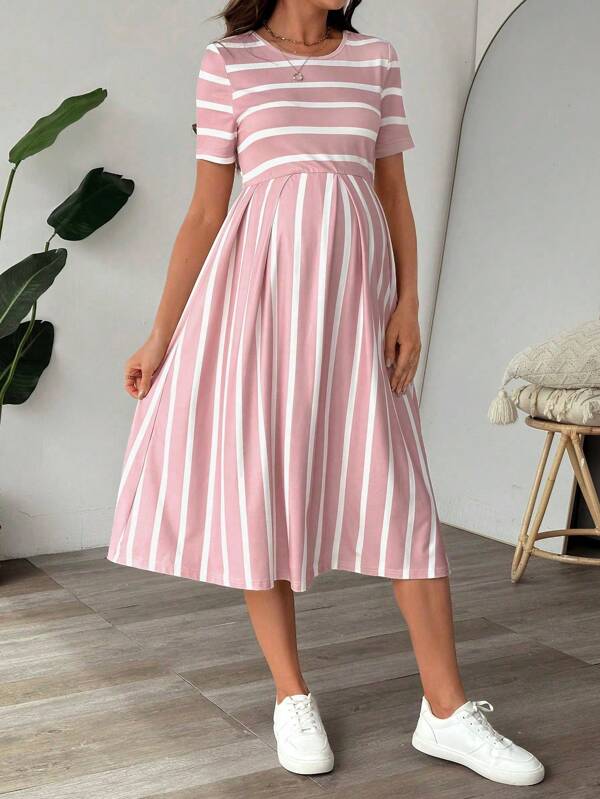 SHEIN Rochie de maternitate pentru femei însărcinate, cu mânecă scurtă și guler rotund, casual, cu dungi
