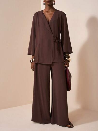 Veslaya 2025 New Autumn And Winter Plus Size Women Solid Color Wrap Tie Long Sleeve Top And Pants Loose Casual Suit Women Pant Suit Set Women Suit Set Brown Suit Wide Leg Pants Set Pants Suits For Women