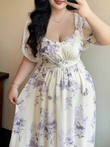 Vibekara Plus Size Women's Spring/Summer Square Collar Ruffle Sleeve Short Sleeve Elegant Resort Vintage Cute Casual A-Line Floral Print Chiffon Maxi Dress