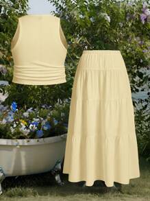 SHEIN EZwear 1 套黄色无袖背心和腰系带长裙，大码女式夏季服装 - 黃色 - 查看 2