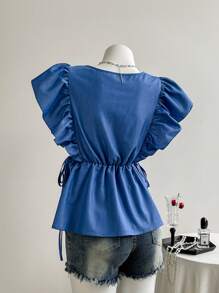Chiquease Women's V-Neck Ruffle Tied Waist Casual Blouse Suitable For Work And Date - Blue - View 2