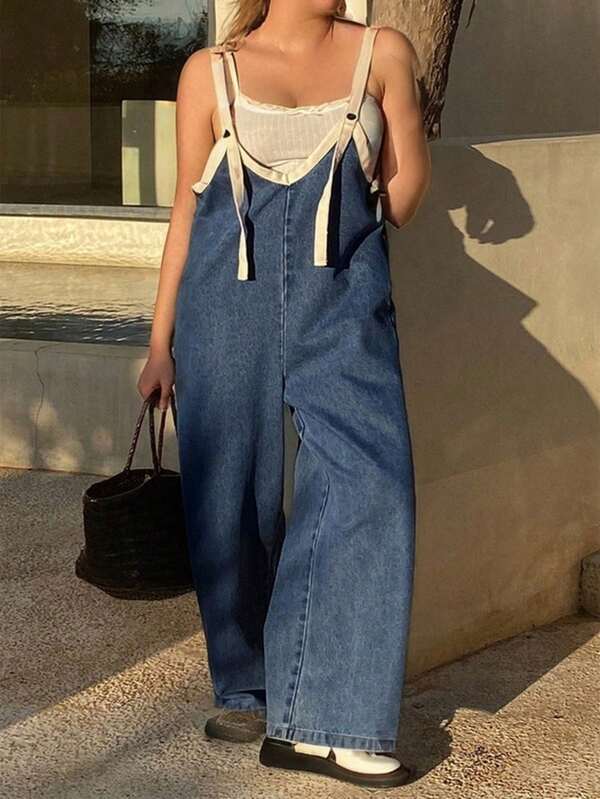 Dazy Plus Medium Wash Blue Patchwork Denim Jumpsuit, All Season