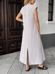 INAWLY Đầm dài đơn sắc tay ngắn thẳng rộng rãi thường ngày cho nữ, mùa hè - Xám - Xem 5