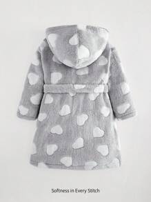 Cozy Pixies 女童爱心图案保暖连帽长袖系带睡袍睡衣女童浴袍长袍长袍女童睡袍秋冬 - 灰色 - 查看 2