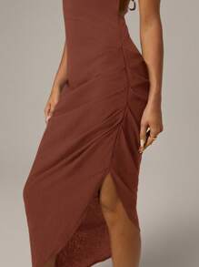 SHEIN Forever 21 Casual Black Open Back Spaghetti Strap High Slit Dress For Beach, Date, Holiday, Spring - Brown - View 7