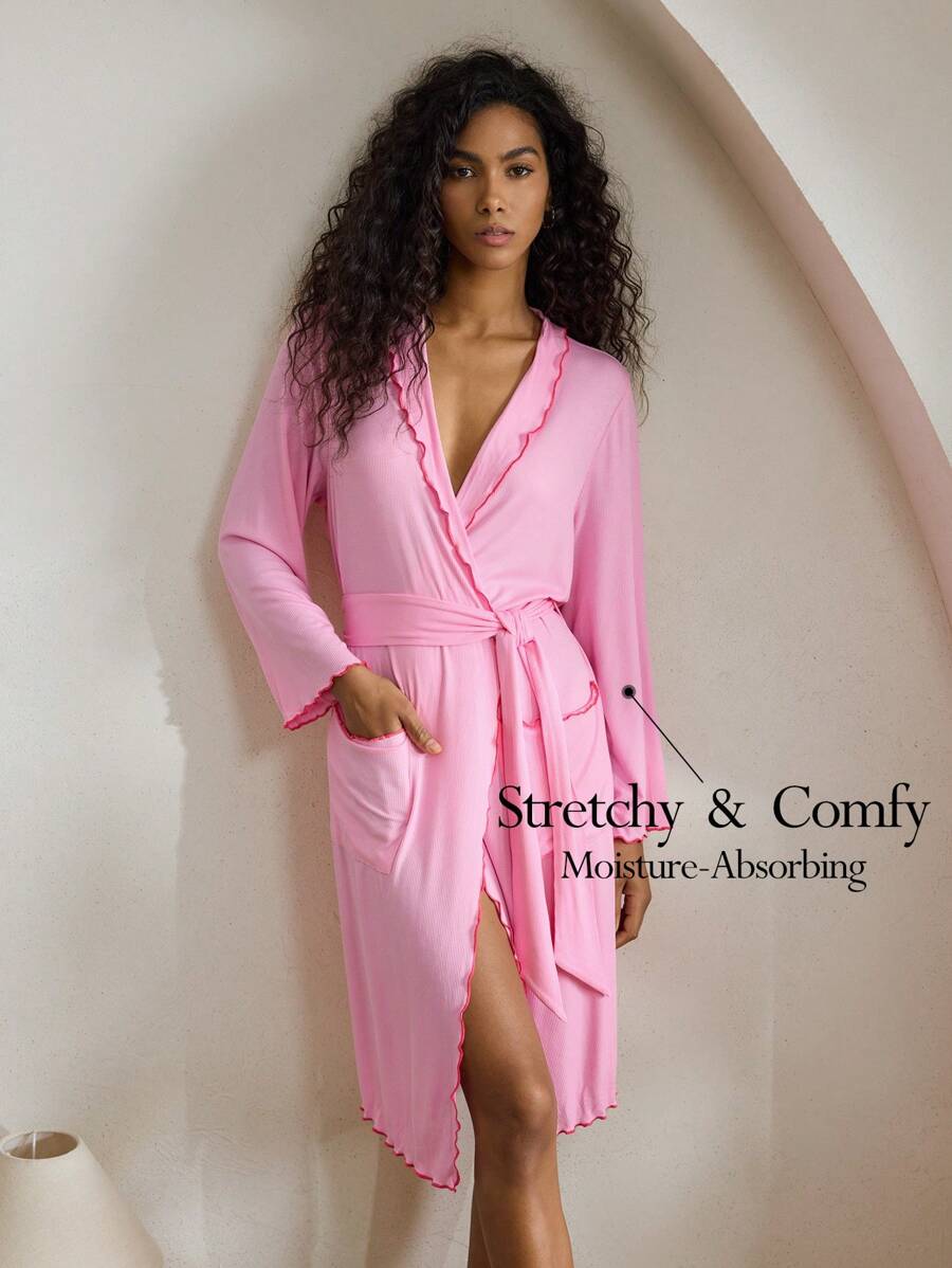 Ocili Leisure Women's Comfy Rib-Knit Colorblock Ruffle Trim V-Neck Soft Short Robe, Loungewear Holiday Season  Cozy And Elegant Details, Fall Outfit