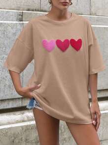 SHEIN Cottnline 100%Cotton WHITE OVERSIZE T-SHIRT WITH EMBROIDERY HEART DETAİL - Beige - View 5