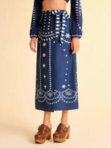 CAJUNI Falda envolvente de estilo bohemio casual de verano con estampado de totem y encaje para vacaciones de mujer, en colores azul y blanco