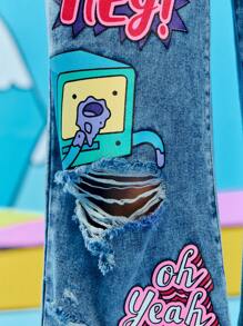 Adventure Time X ROMWE 涂鸦卡通图案宽松牛仔裤 - 藍色 - 查看 3