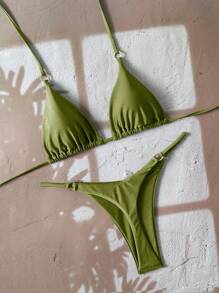 Swim Vcay 女士纯色性感比基尼套装，夏日海滩 - 橄欖綠 - 查看 1