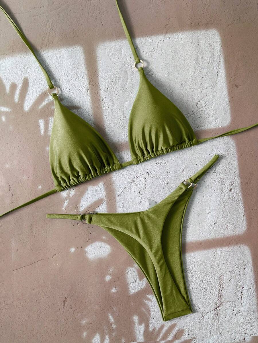 Swim Vcay 女士纯色性感比基尼套装，夏日海滩 - 橄欖綠 - 查看 1