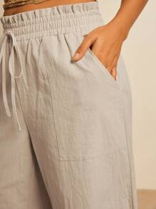 Freevana Plus Size Women's Solid Color Ruffle Hem Drawstring Waist Pockets Casual Pants - Apricot - View 5