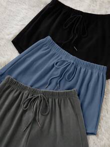 SHEIN 3件套女士纯色抽绳腰休闲短裤女短套装短裤休闲套装2件套短裤女士短裤舒适曲线短套装 - 彩色 - 查看 5