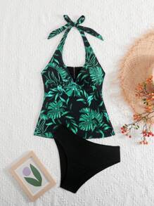 Swim Lushoire 2pcs/Set 2025 Women's New Random Print Spaghetti Strap Backless Camisole And Bikini Swimwear Bottoms Beach Holiday Swimsuit, Summer