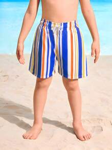 Baby Boy New Summer Striped Casual Drawstring Swim Shorts, Vacation Family Matching (4 Pieces Sold Separately) - Blue - View 3
