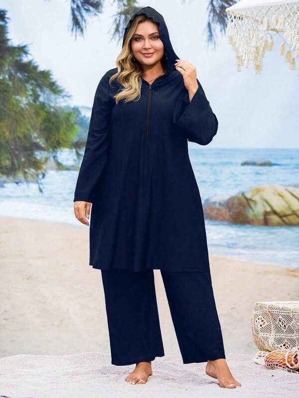Swim Mulvari Set 3 buc. Plus Size musulman, culoare solidă, cu glugă și fermoar, mânecă lungă și pantaloni, costume de baie pentru femei în stil conservator din Orientul Mijlociu