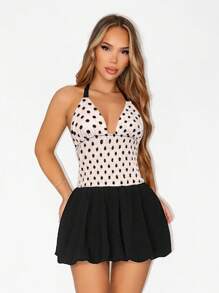 Zolique Vestido de verano para mujer con escote en V profundo, correa de cuello halter, diseño de parches a lunares y volumen abultado - Negro - Ver 4