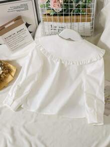 SHEIN 女孩可爱休闲百搭学院风白色长袖彼得潘领衬衫 - 白色 - 查看 2