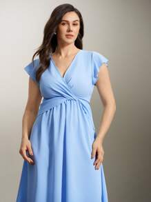 Flouryn Plus Size Women's Casual V-Neck Cap Sleeve Twist Waist Green Mid-Length Chiffon Vacation Dress - Blue - View 7