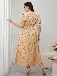 Modelyn 大码卡其色蕾丝拼布修身喇叭裙，春夏 - 卡其色 - 查看 2