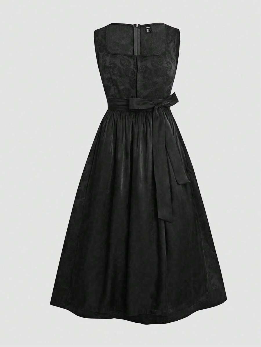 Fairmaia Women Solid Color Simple Sleeveless Square Neckline Dress With Detachable Apron, Dirndl Dresses, For Oktoberfest Traditional Dirndl Dress With Square Neck, And Apron, For Oktoberfest Black Dress Vintage Dress French Dress Midi Dress, Halloween