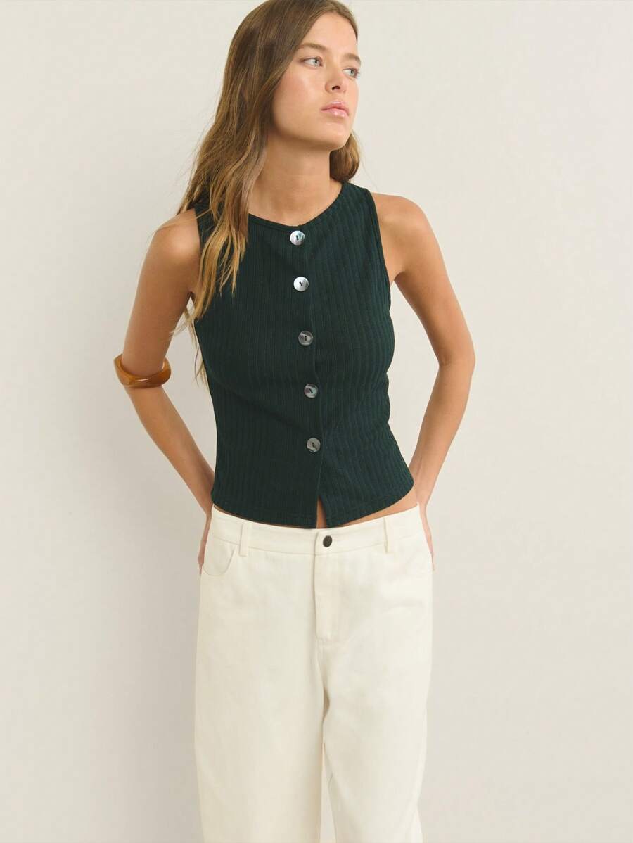 Nöista Black Sleeveless Ribbed Top Features A Button-Down Front And A Fitted Waist, Offering A Sleek And Versatile Look For Summer - Dark Green - View 1