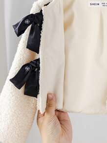 SHEIN 可爱杏色毛绒蝴蝶结装饰长袖夹克，适合女婴，百搭秋冬 - 杏色 - 查看 10