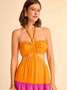 CAJUNI Women's Resort Colorblock Orange And Pink,Yellow Braided Halter Neck Hollow Back Sheer Chiffon Maxi Dress,Summer Casual Vacation Holiday Boho Dress - Multicolor - View 5