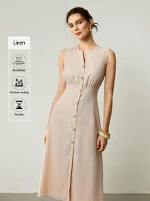 Uhlyne Vestito elegante in lino albicocca senza maniche con scollo a V, pieghe, aperto davanti, adatto per occasioni casual, sociali e di lavoro, da donna, per primavera ed estate