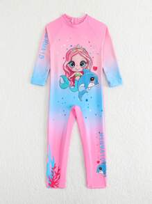 Sparklyn Young Girls Mermaid Print One-Piece Swimsuit With Long Sleeve & Pant, Beach Holiday - Multicolor - View 6