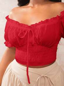SHEIN SXY Women's Plus Size Bohemian Solid Color Ruffle Off Shoulder Short Sleeve Blouse Red Off The Shoulder Top Red Off Shoulder Crop Top Red Crop Top